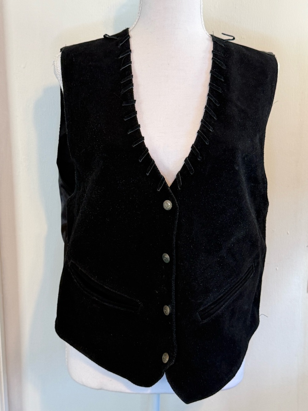 Work-Shop Vintage Black Suede Leather Vest Button Front Size L Made in India